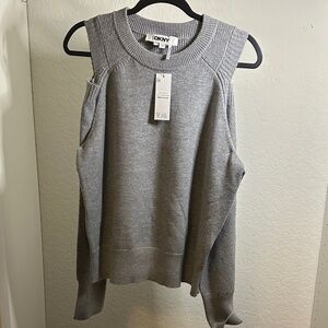 DKNY Charcoal Gray Metallic Knit Sweater Off-Shoulder Cut Out NWT Sz L